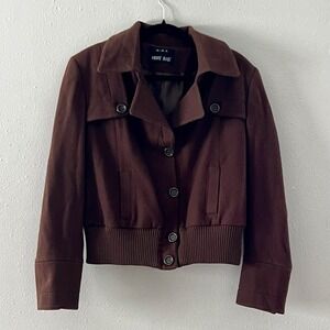 Andre Badi Chocolate Brown Wool Blend Bomber Jacket Coat Women's L 38 Ribbed Hem